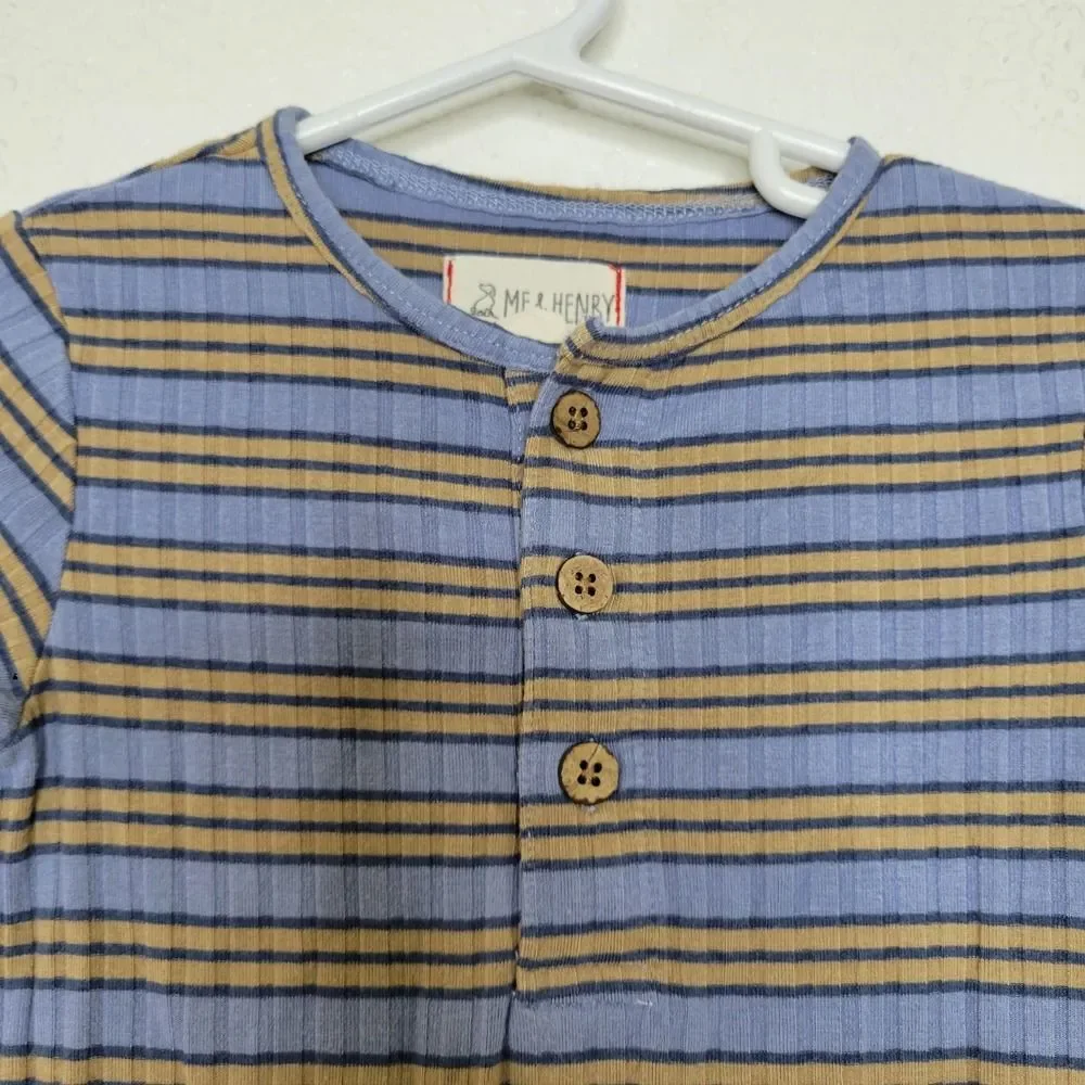 Me & Henry Ribbed Striped Romper 3/6M Baby Blue Tan Jumpsuit Footed Bodysuit